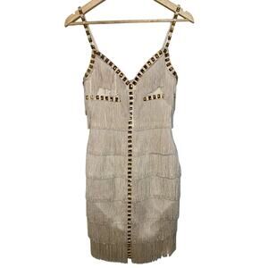 NWT Mandalay Cream Ivory Gold Beaded Fringe Midi Evening Cocktail Dress Womens 2